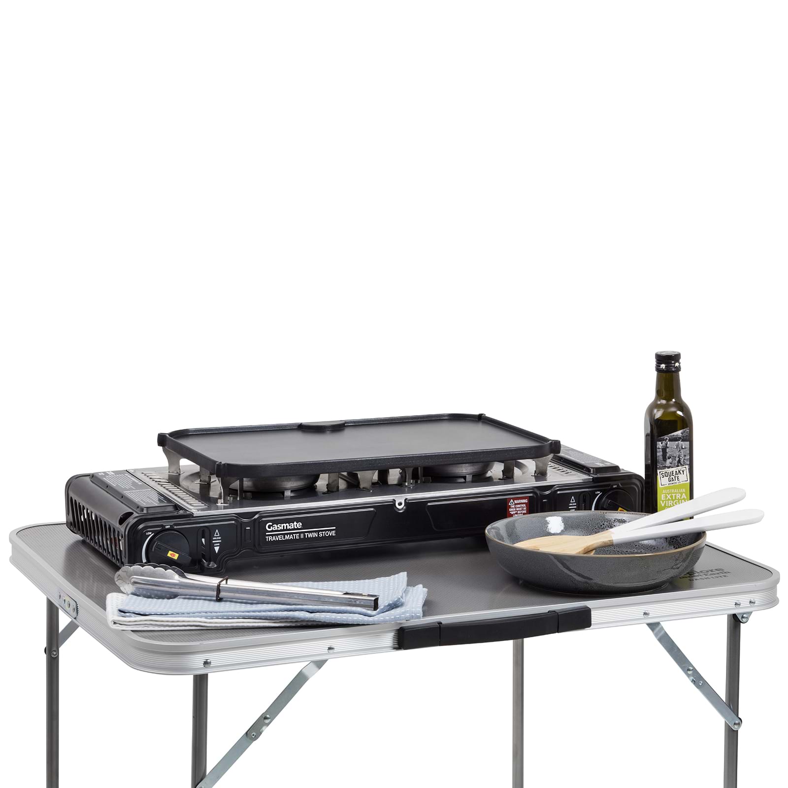 Gasmate Travelmate II Deluxe Twin Butane Stove Black with S/S Spill